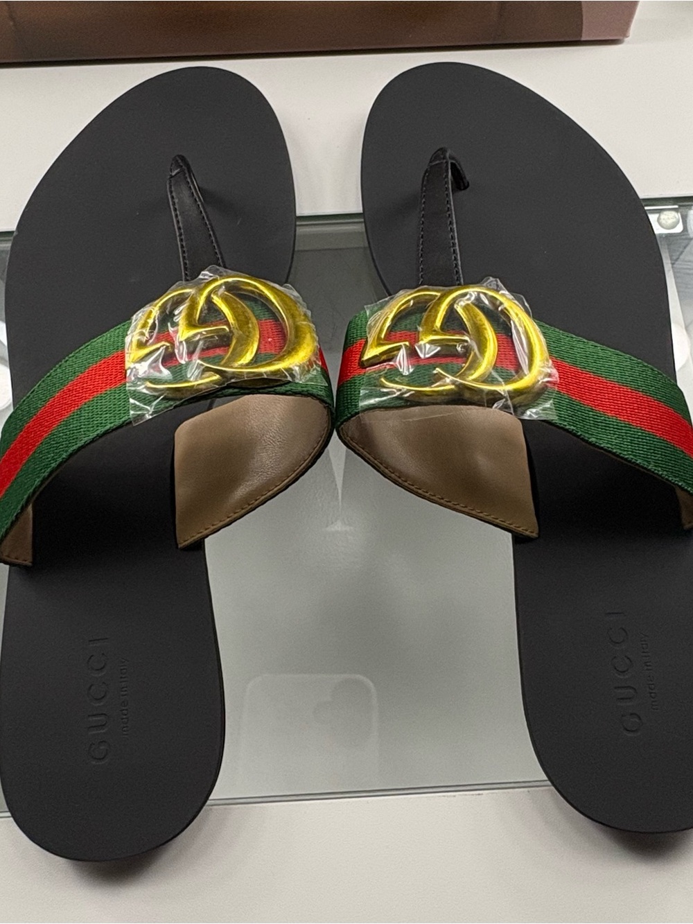 Gucci Black Slides with Green-Red Web and Gold Double G